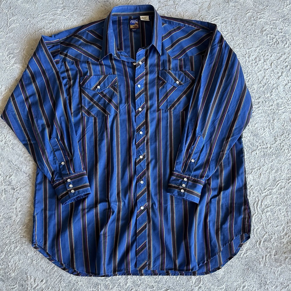 Rock Canyon Shirt Adult 19 Tall Blue Striped Pearl Snap Western Rodeo Work Shirt